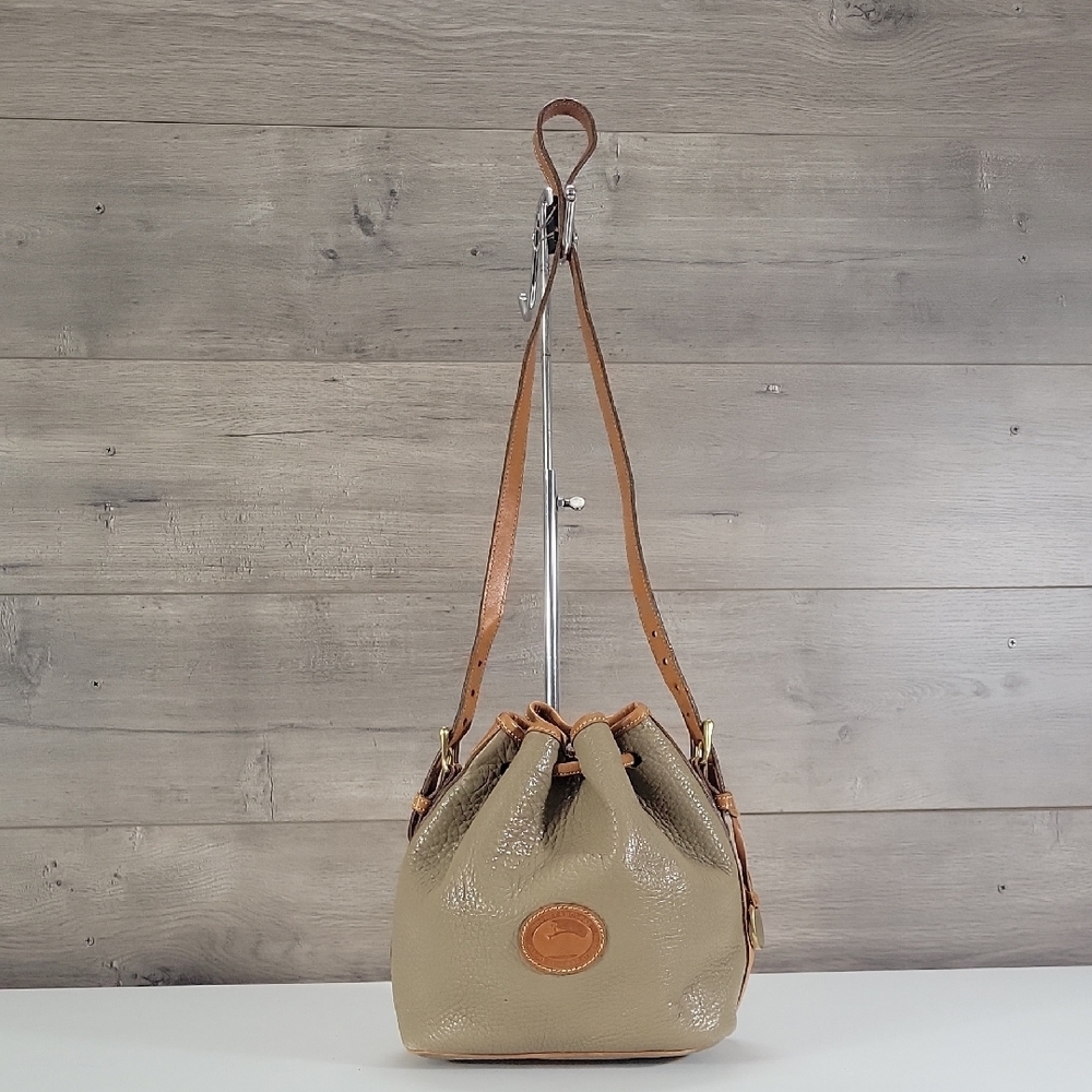 Vintage Dooney & Bourke Taupe Leather Drawstring Bucket Bag with Tan Trim